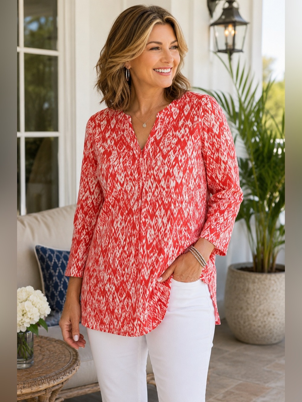 Chico’s 100% Linen Red White Ikat Print Tunic Top Size 2 Large 3/4 Sleeve